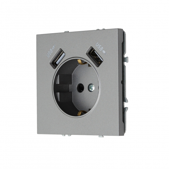 Розетка с заземлением, 16 А, 250 В, с 2 зарядными портами USB 3.1 A (графит) MI5-1504