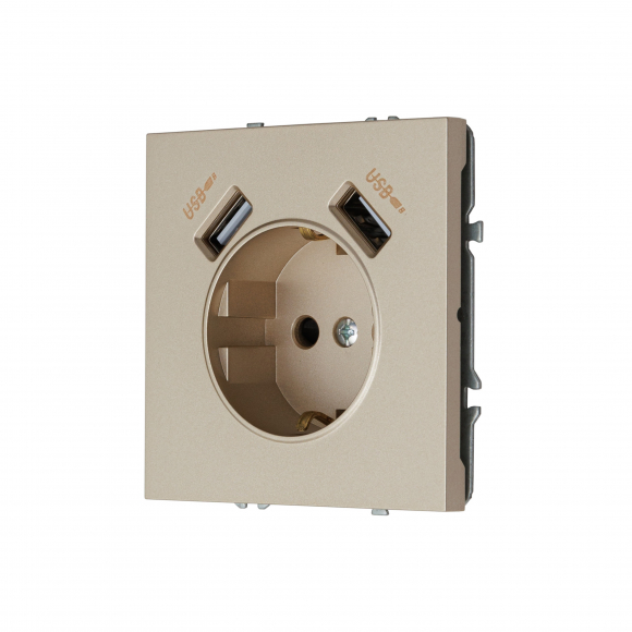 Розетка с заземлением, 16 А, 250 В, с 2 зарядными портами USB 3.1 A (латунь) MI5-1505