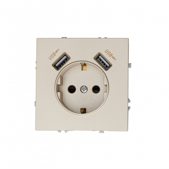 Розетка с заземлением, 16 А, 250 В, с 2 зарядными портами USB 3.1 A (латунь) MI5-1505