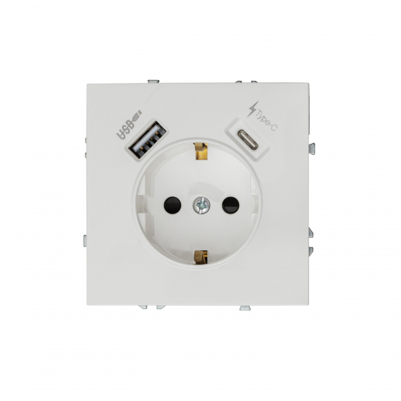 Розетка с заземлением, 16 А, 250 В, с зарядными портами USB Type A + Type C  3.1 A  (белый глянцевый) MI5-1601