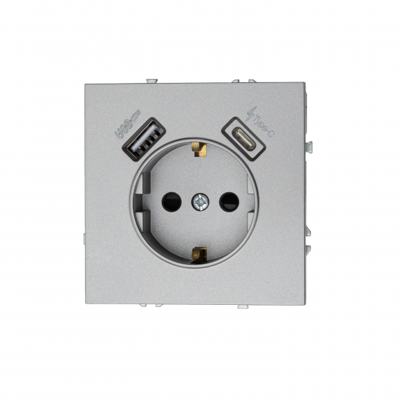 Розетка с заземлением, 16 А, 250 В, с зарядными портами USB Type A + Type C  3.1 A  (графит) MI5-1604