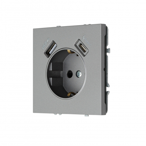 Розетка с заземлением, 16 А, 250 В, с зарядными портами USB Type A + Type C  3.1 A  (графит) MI5-1604